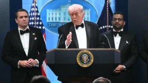 President Donald Trump addresses the media with FBI Director Kash Patel and Acting Attorney General Todd Blanche at the White House shortly after the incident on Saturday. PIC/AFP
